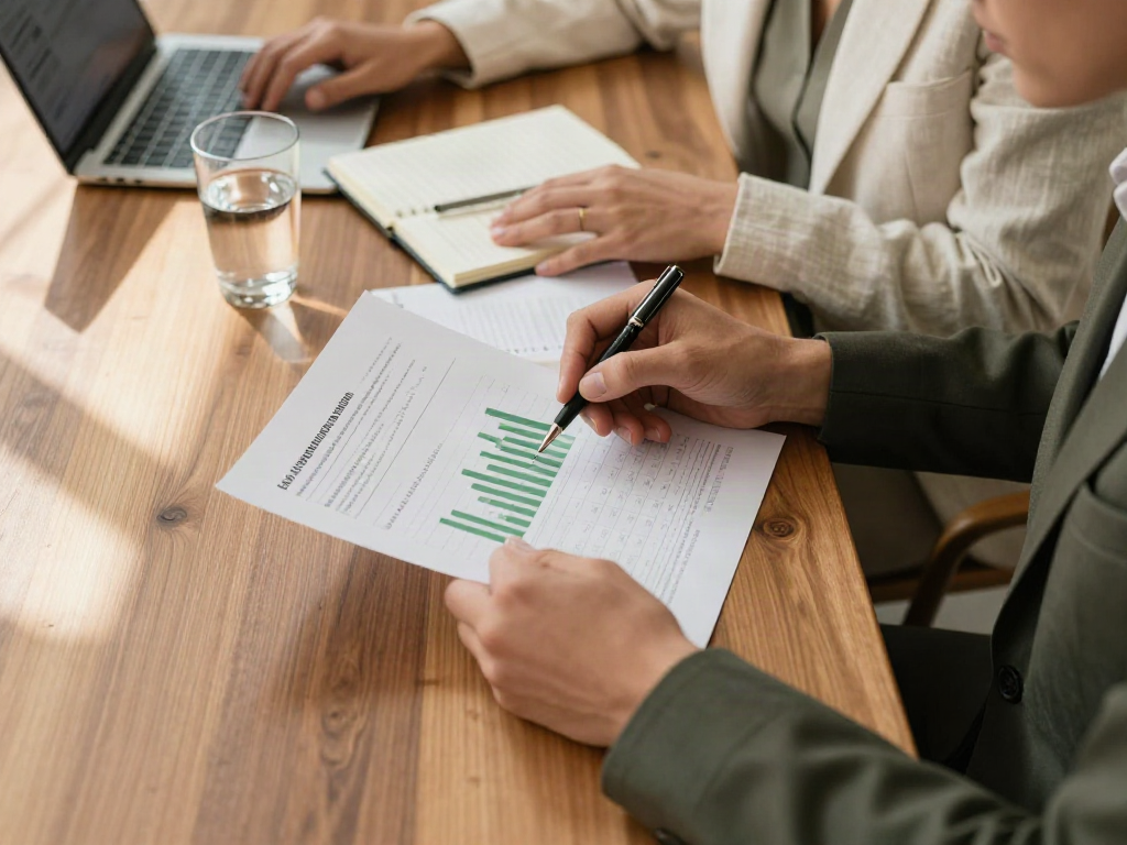 A close view of consultants reviewing charts and business performance reports